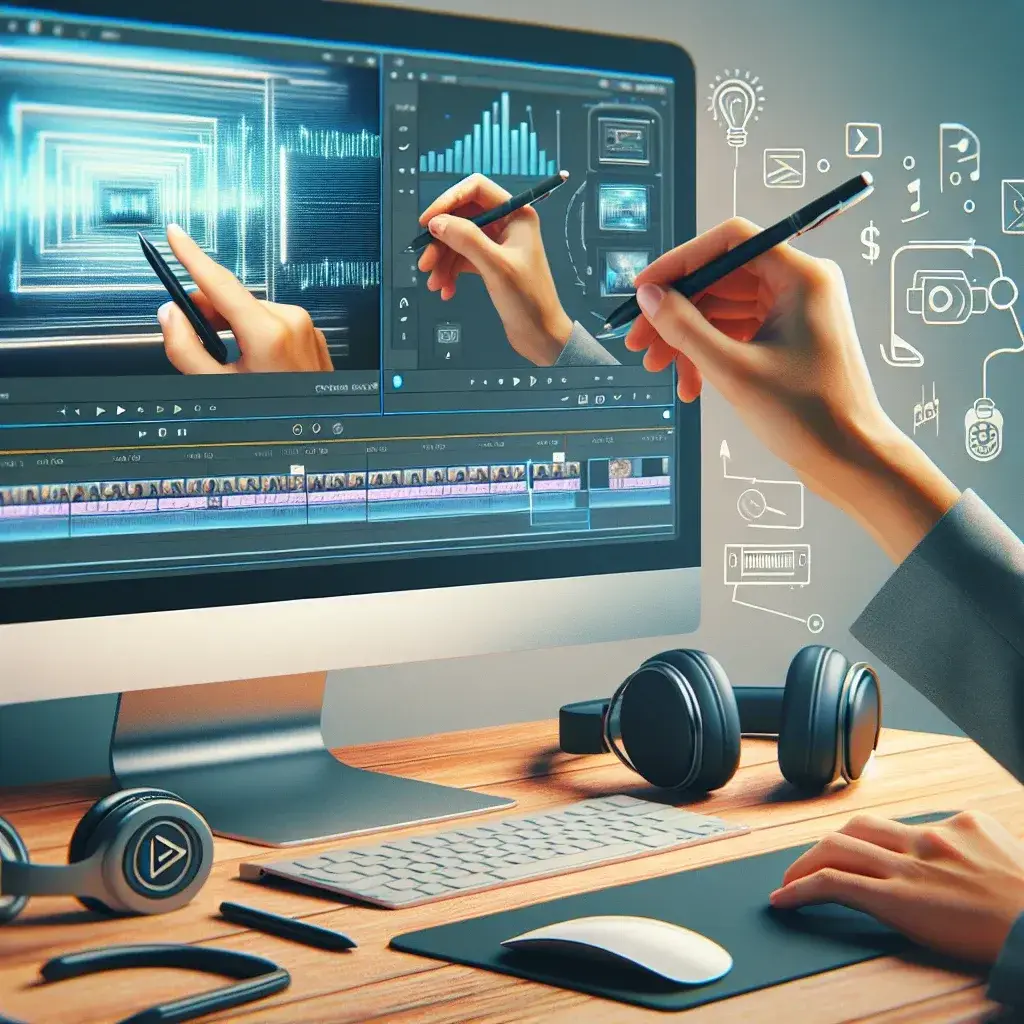 "Professional setup for editing screen recordings into how-to videos, showcasing software tools and a computer screen displaying video editing timeline."