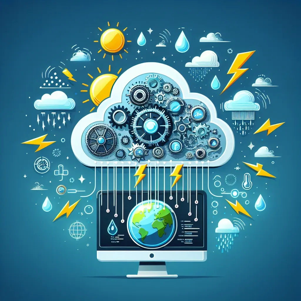 "Illustration of machine learning algorithms analyzing meteorological data for weather prediction and climate science, showcasing advancements in environmental forecasting technology."
